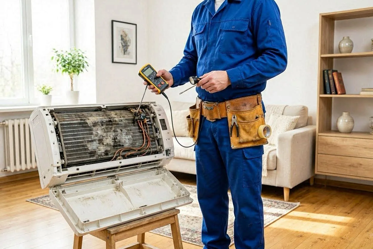 Tehnician F-Gas autorizat în timpul unei intervenții de service AC GREE în Chișinău — diagnoză, încărcare freon, curățare profesională